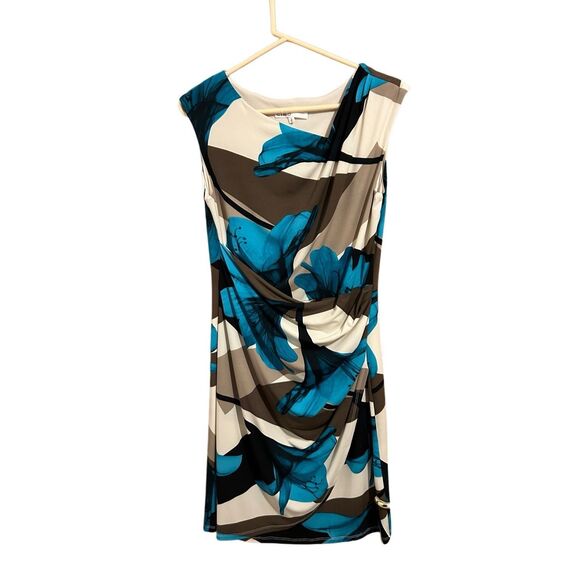 Cleo Women’s Size S Petite Sheath Dress Turquoise Floral Ruched & Lined - Picture 1 of 11